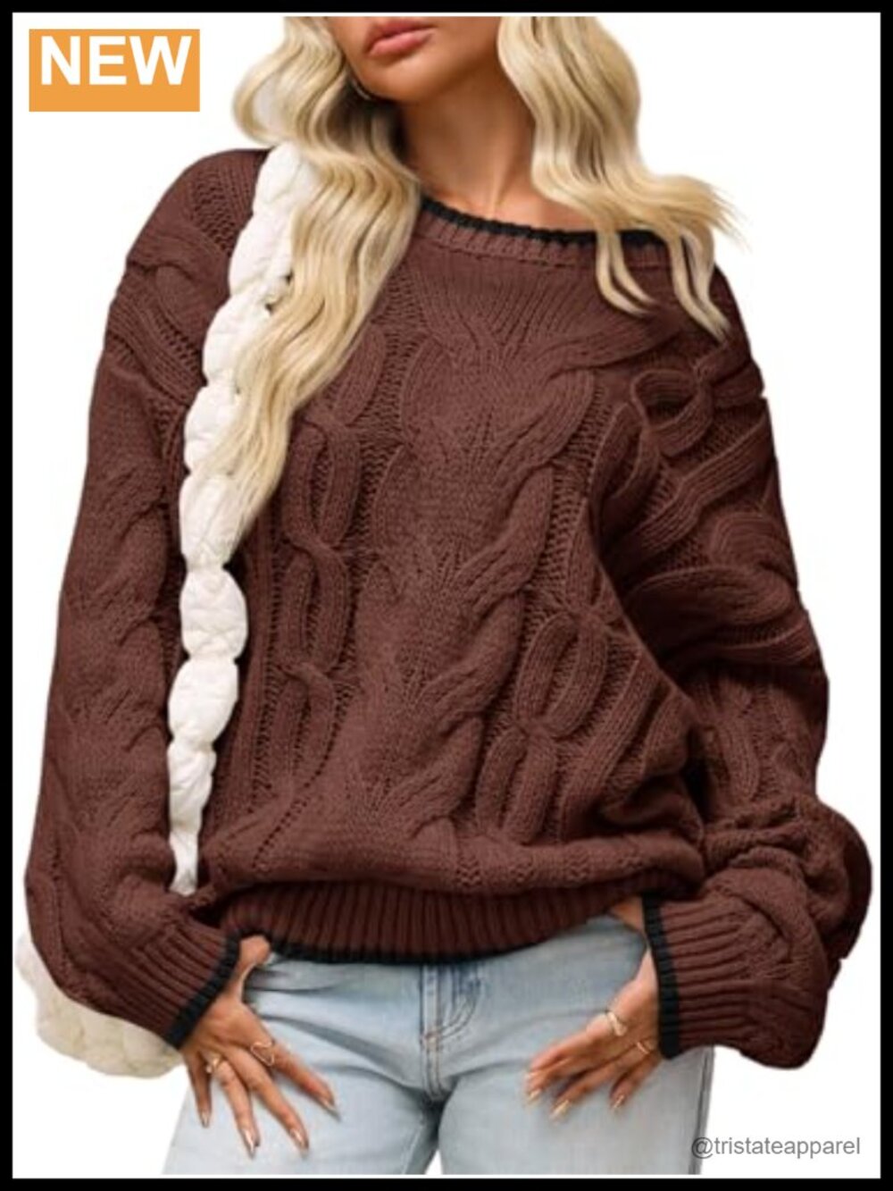 Oversized Cable Knit Color Block Crewneck Pullover Sweater